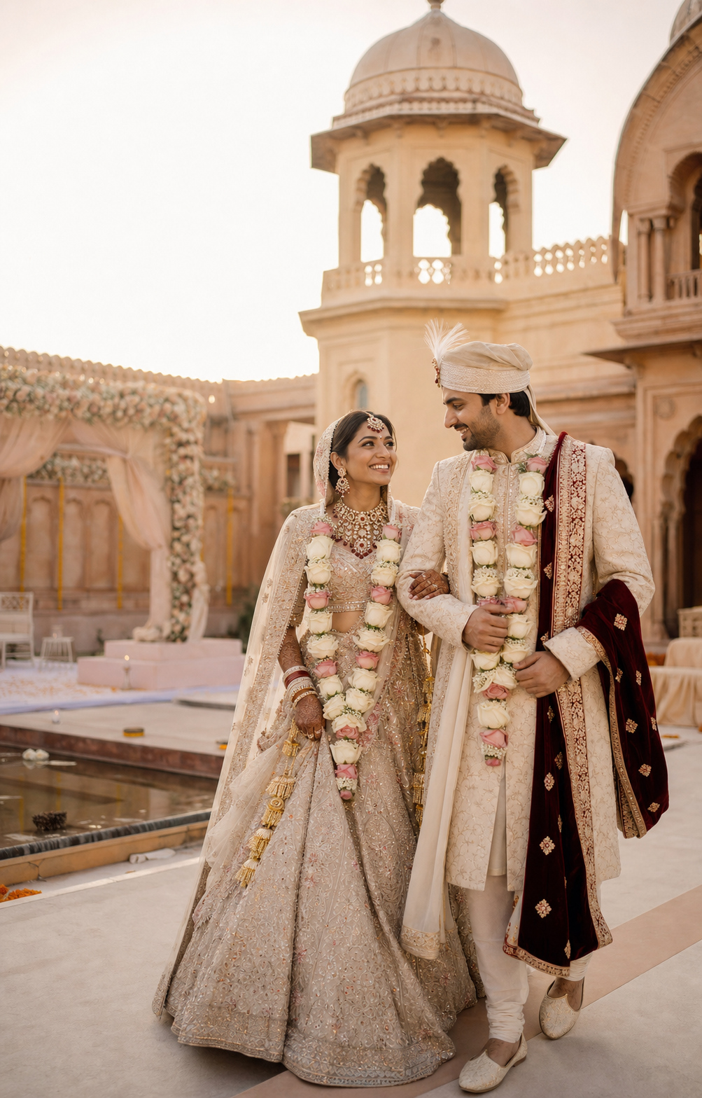 Indian newlyweds walking together in a palace courtyard